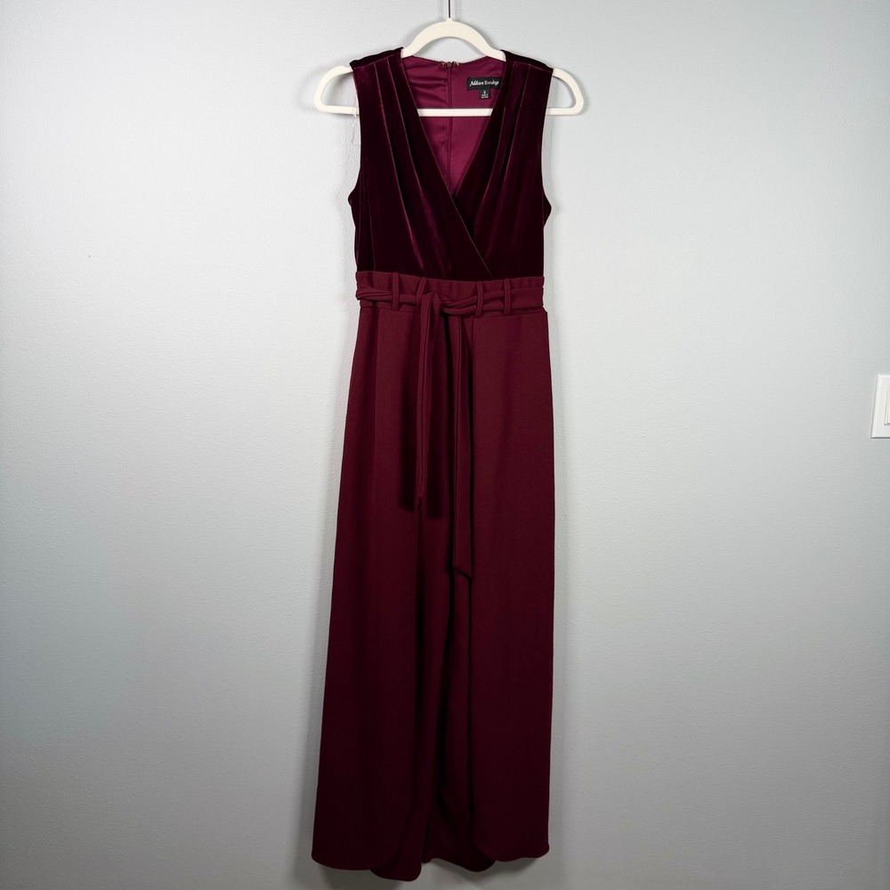 Addison Evenings Womens Burgundy Velvet V-Neck Belted Wide Leg Jumpsuit Size 6